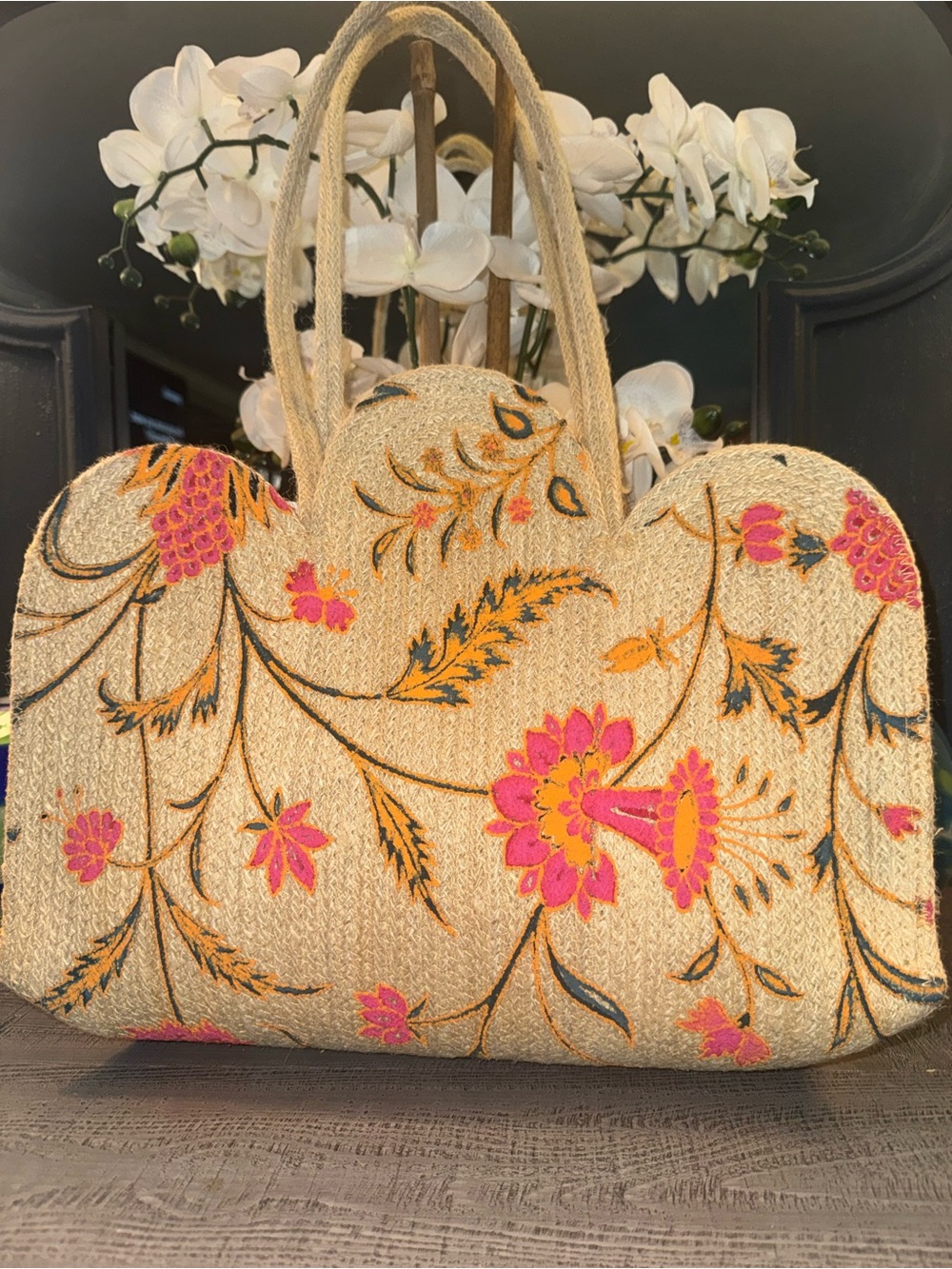 NWT Antik Kraft Embroidered Floral Straw Tote Bag in Natural w/Pink & Orange - Picture 3 of 6